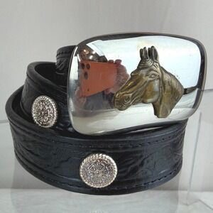 Vintage NOCONA Tooled Leather Belt Womens (28) Black Horse Buckle Western Rodeo